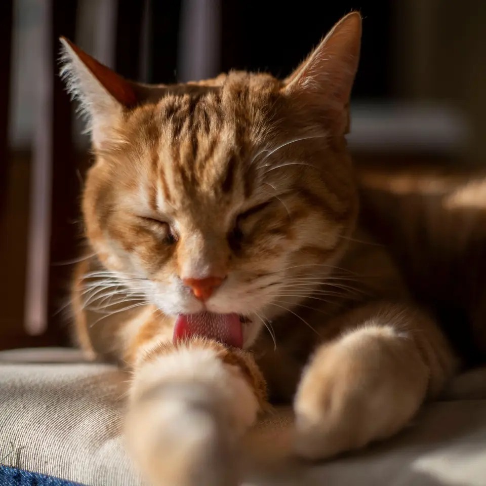Cat Lying Down and Cleaning Paws